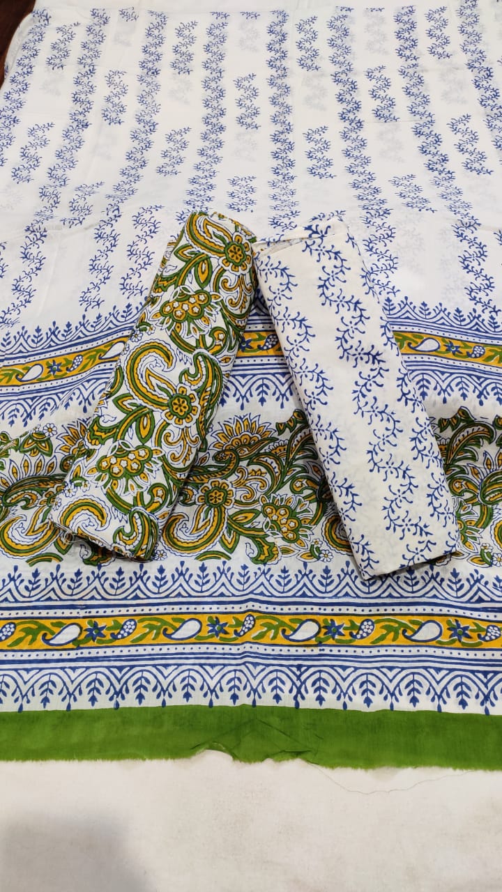 White With Blue & Green Handblock Printed Cotton Dress Material