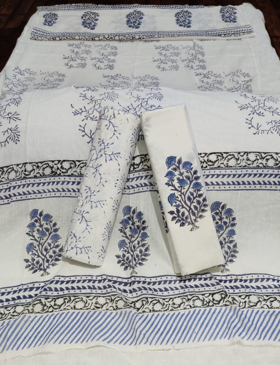 Blue With Gray & White Handblock Printed Cotton Dress Material