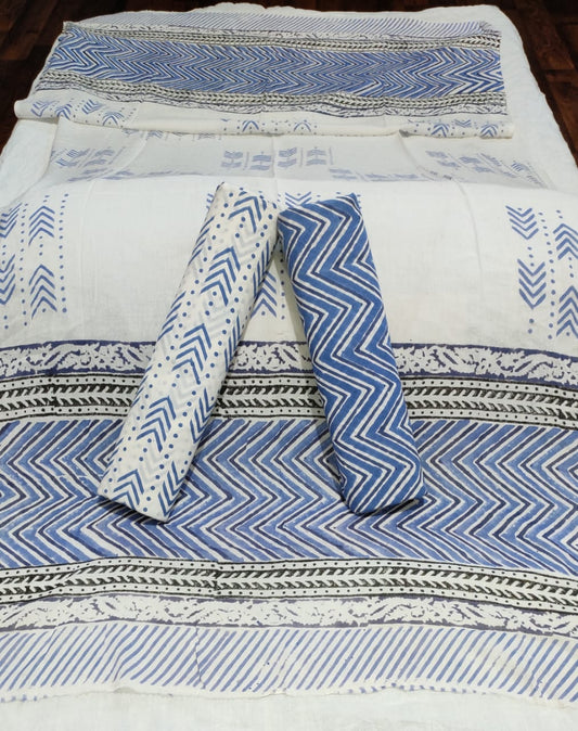 Navy Blue With White Handblock Printed Cotton Dress Material