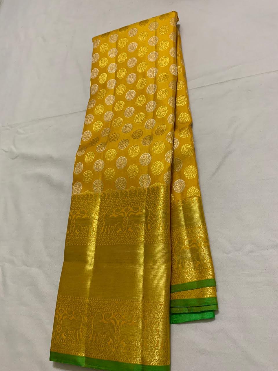 Yellow With Golden & Green Border Kancheepuram Pure Silk Saree