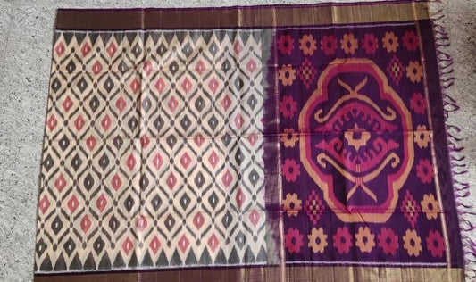 Peach With Violet Zari Border Ikkat Sico Saree