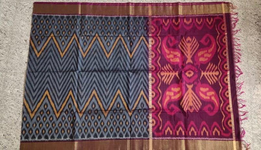 Gray With Pink Zari Border Ikkat Sico Saree