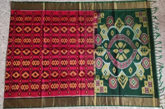 Red With Dark Green Zari Border Ikkat Sico Saree