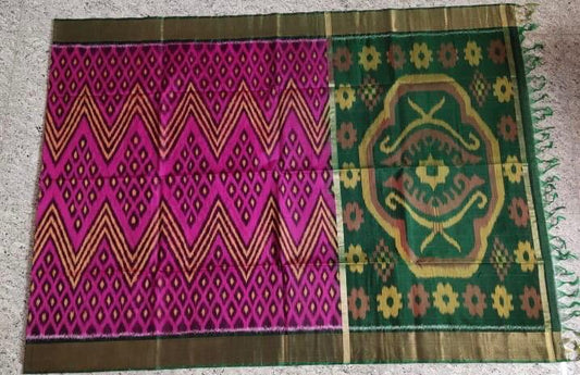 Dark Pink With Yellow And Green Zari Border Ikkat Sico Saree