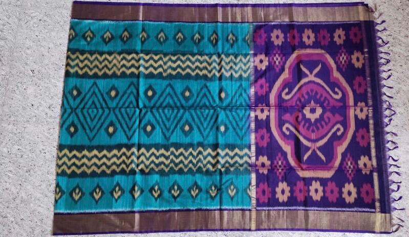 Sky Blue With Violet And Peach Zari Border Ikkat Sico Saree