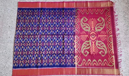 Dark Blue With Peach & Pink Zari Border ikkat Sico Saree