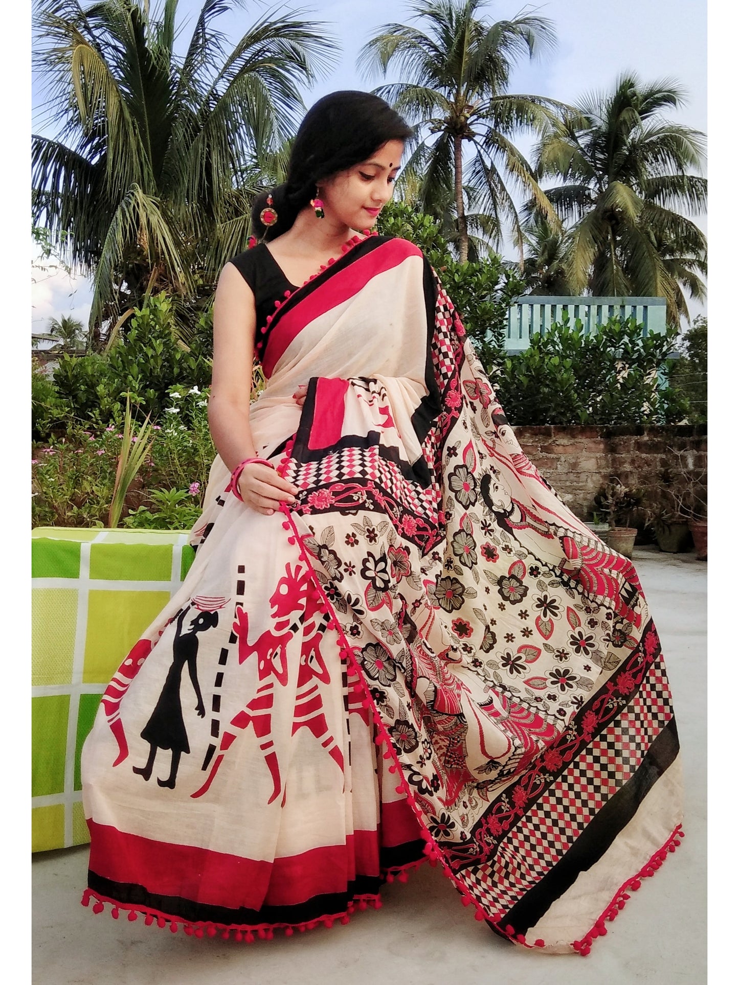 Beige Cotton Saree with Tribal Printed Border-TCS001