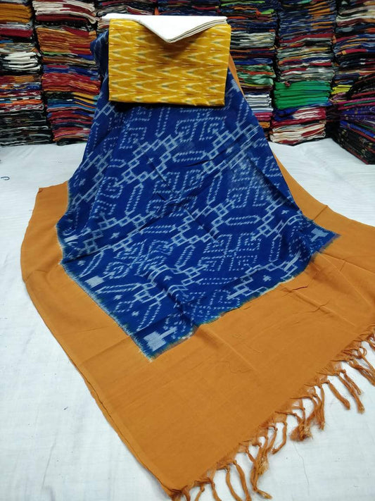 Ikkat Cotton Dress Material Blue and Mustard