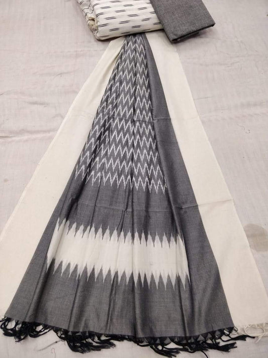 Ikkat Cotton Dress Material Grey and White