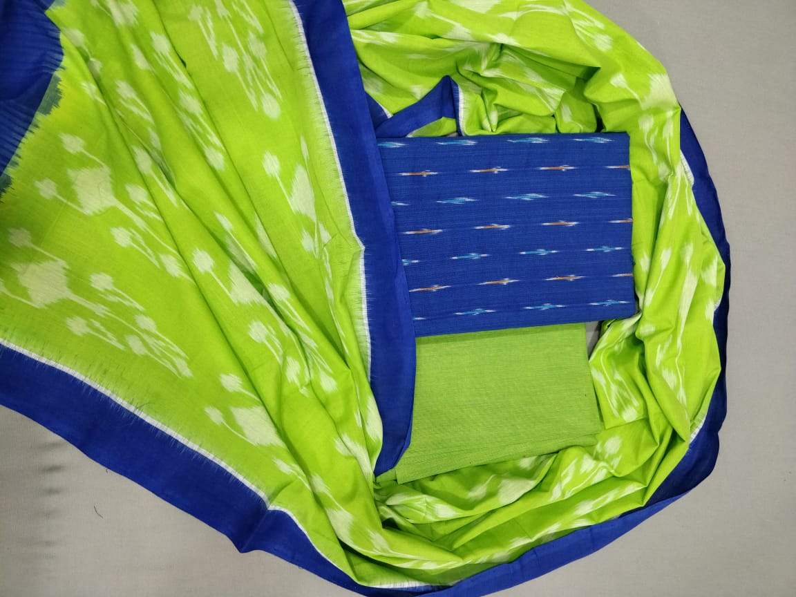 Ikkat Cotton Dress Material Parrot Green and Blue