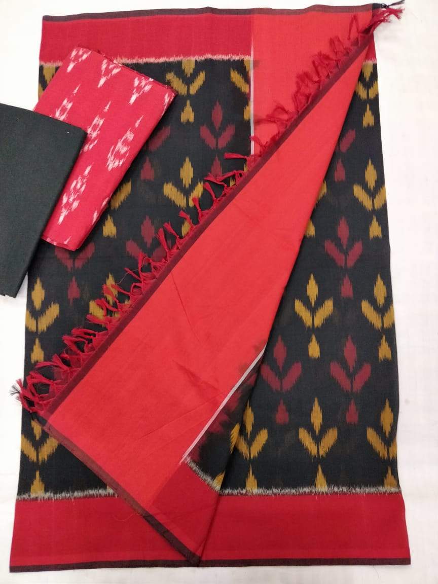 Ikkat Cotton Dress Material Red and Black