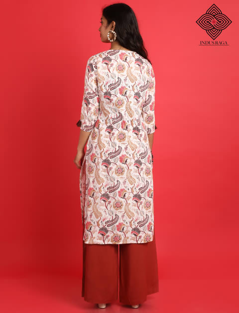 Cambric Abstract Print A-Line Kurti for Women White