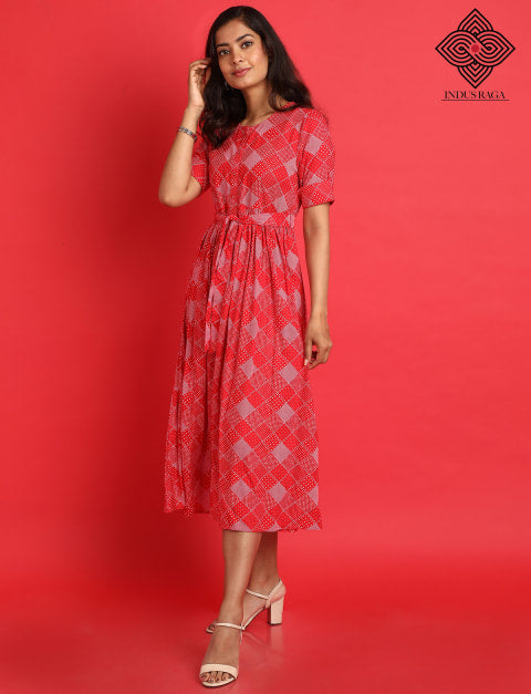 Rayon Printed Anarkali Umbrella Cut Ghera Kurti for Women Red