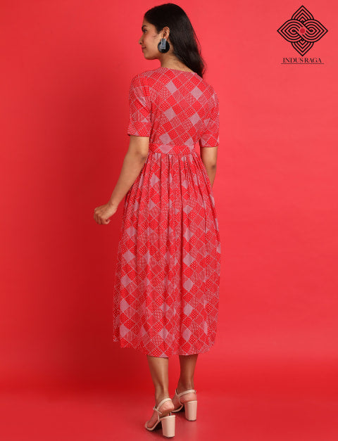 Rayon Printed Anarkali Umbrella Cut Ghera Kurti for Women Red