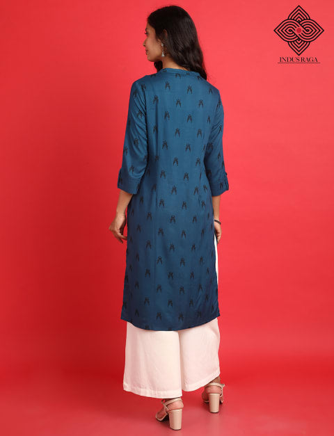 Indus Raga Rayon Printed Straight Kurti for Women Blue