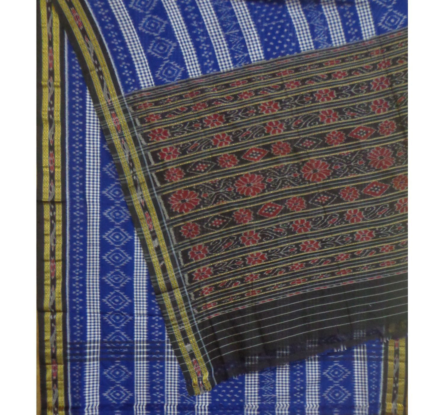 Ink Blue Alpana Designed Handloom Cotton Saree