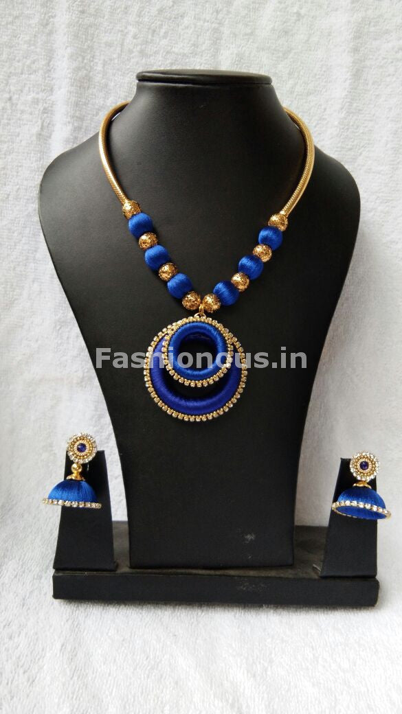 Ink Blue Chandbali Pendant Silk Thread Jewellery Set-STJS-010
