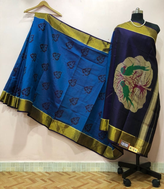 Ink Blue Parrot Designed with Golden Border Patola Silk Saree-PPSRE-009