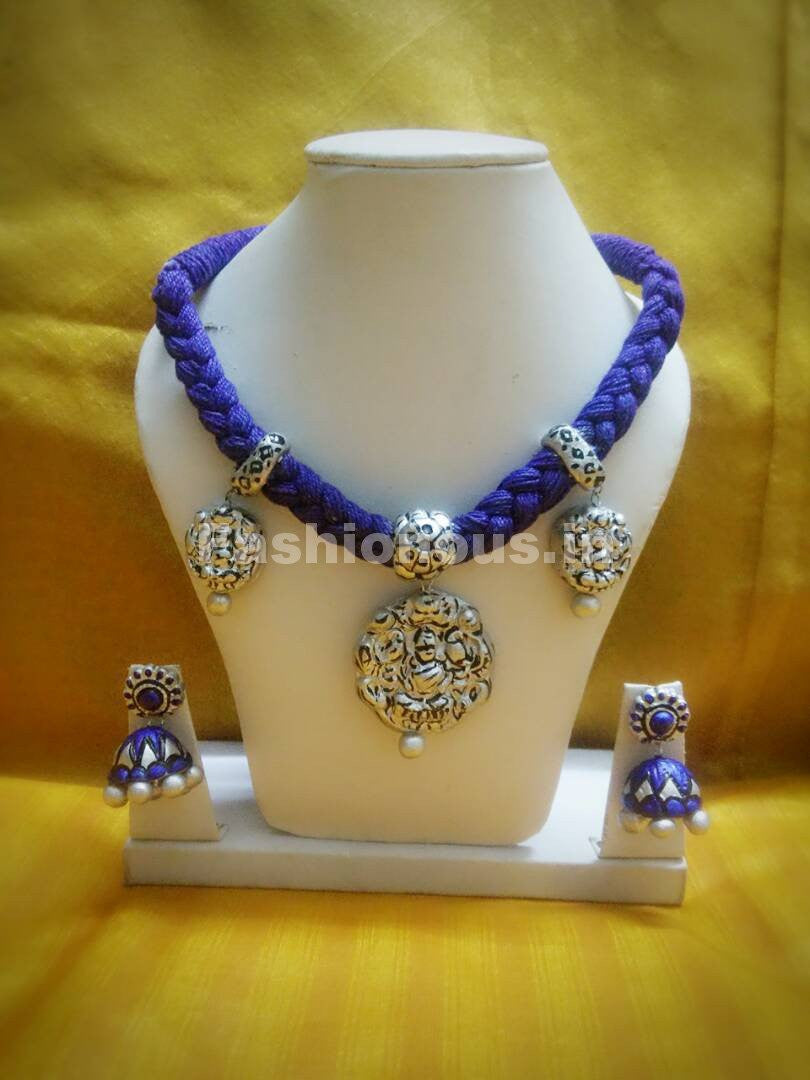 Ink Blue Rope with Silver Laxshmi Pendant Polymer Clay Jewellery Set