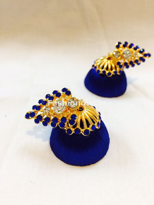 Ink Blue Stone Studded Leaf Silk Thread Jhumkas-STJH-029