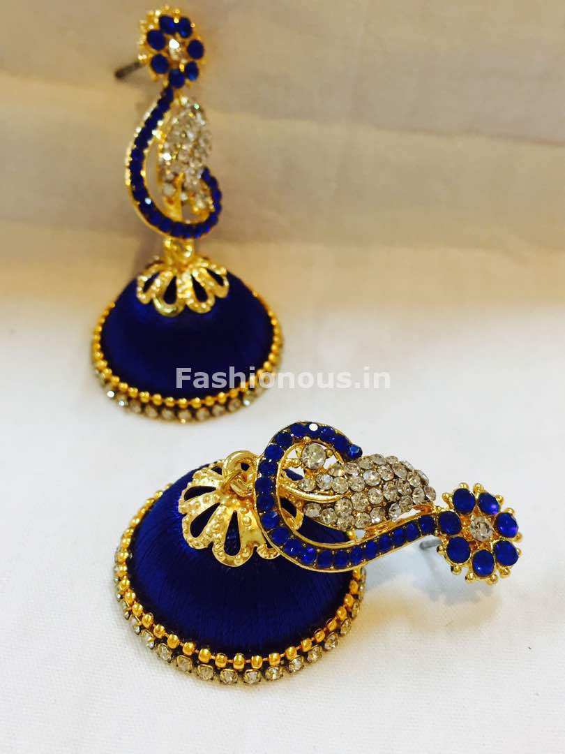 Ink Blue and White Stone Studded Peacock Neck Floral Silk Thread Jhumkas-STJH-038