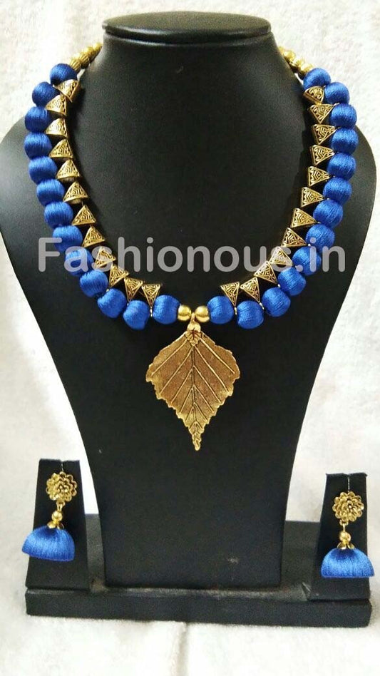Ink Blue with Golden Leaf Pendant Silk Thread Jewellery Set-STJSW-080