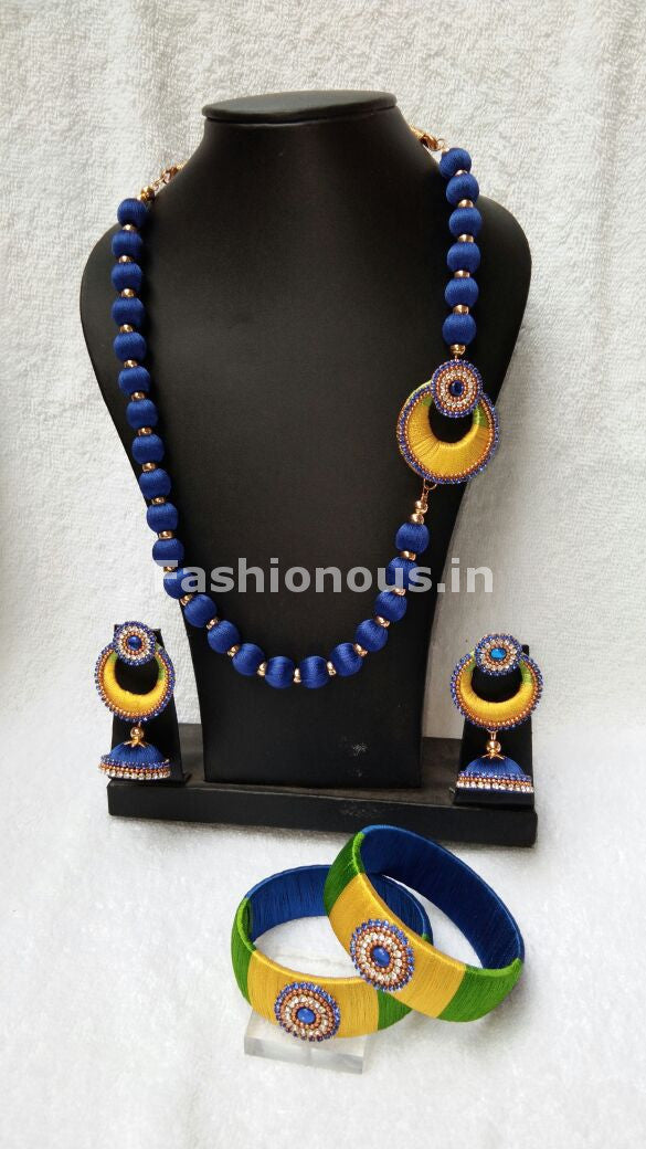 Ink Blue with Yellow Chandbali Pendant Silk Thread Jewellery Set-STJS-020