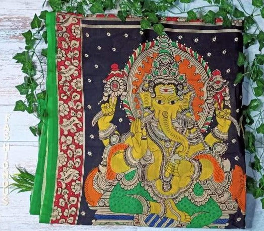 Multicoloured Dual Ganesha Hand-Painted Chennur Silk Kalamkari Saree