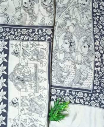 Monochrome Oriental Radha-Krishna Hand-Painted on Chennur Silk Kalamkari Saree