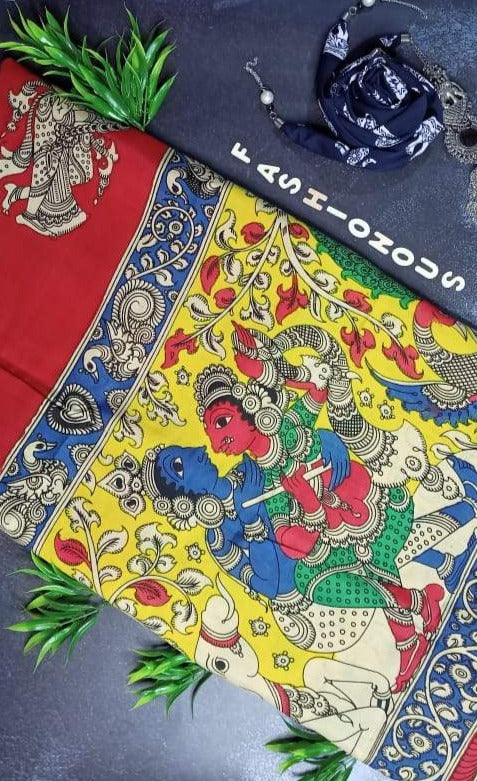 Multicoloured Hand-Painted Chennur Silk Kalamkari Saree