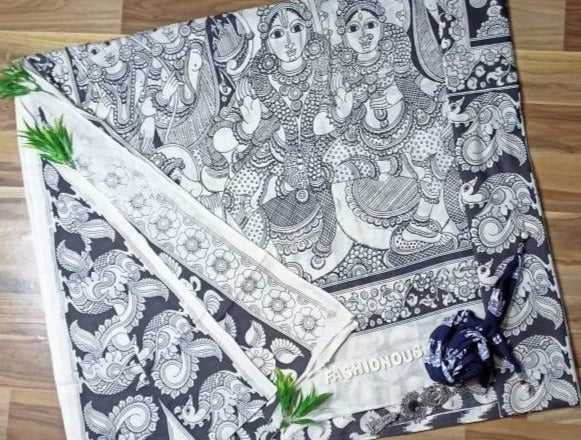 Monochrome Oriental Radha-Krishna Hand-Painted Mal-Mal Cotton Kalamkari Saree
