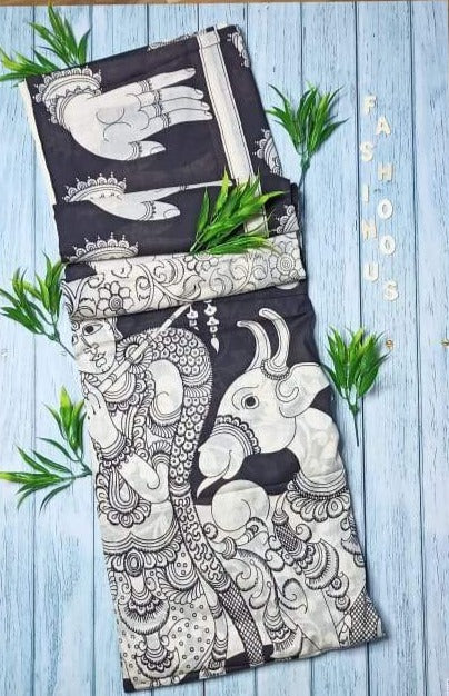 Monochrome Krishna Playing Flute Hand-Painted Mal-Mal Cotton Kalamkari Saree