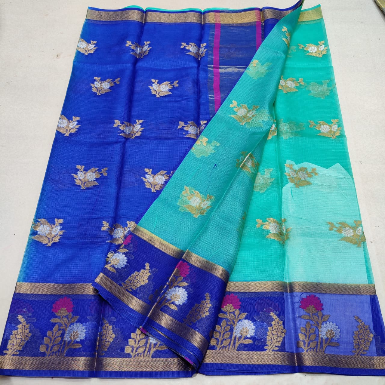 KPS - 008 Kota Pure Silk Weaving Saree Blue Combo