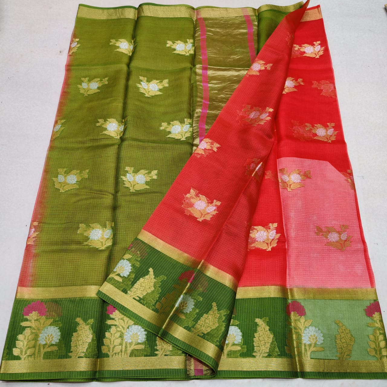 KPS - 009 Kota Pure Silk Weaving Saree Green and Red Combo