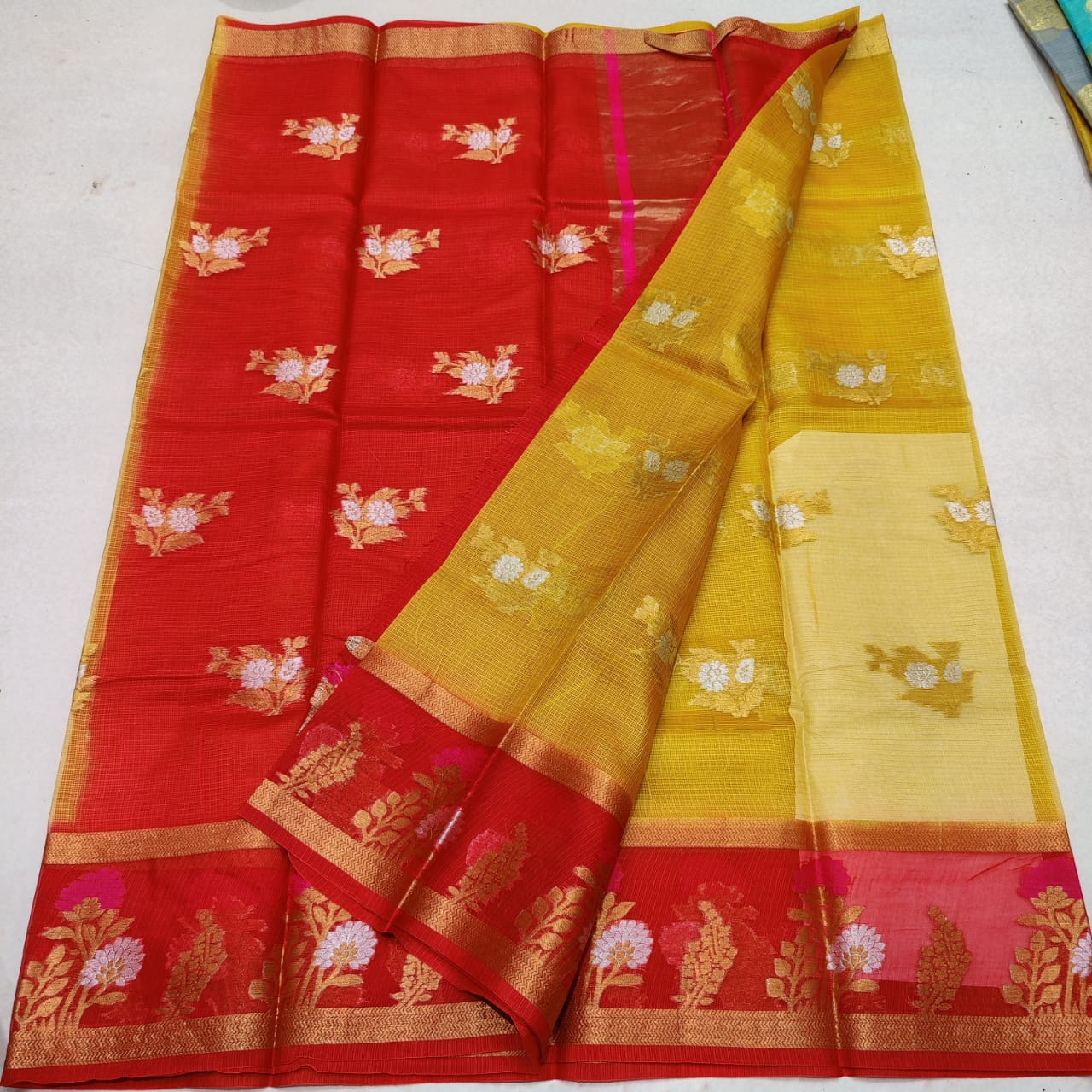 KPS - 011 Kota Pure Silk Weaving Saree Yellow and Red Combo