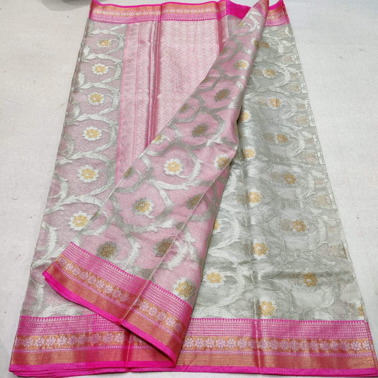 KPS - 004 Kota Pure Silk Saree Silver and Pink Combo
