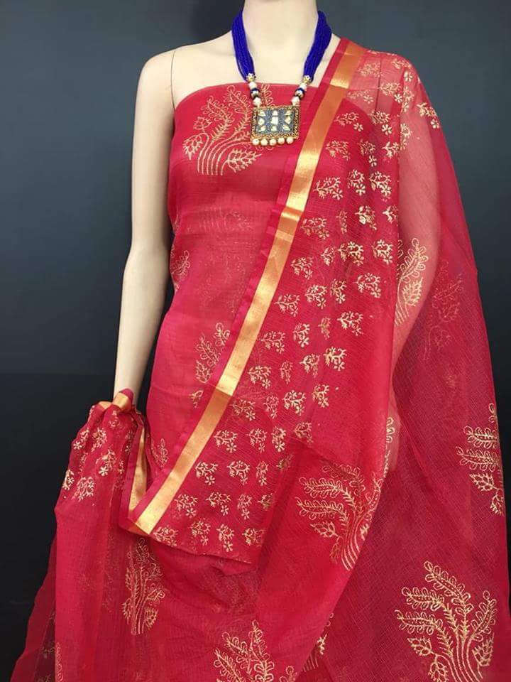 Crimson Queen Kota Cotton Golden Printed Dress Material-KCDM011 Bright red coloured attractive set