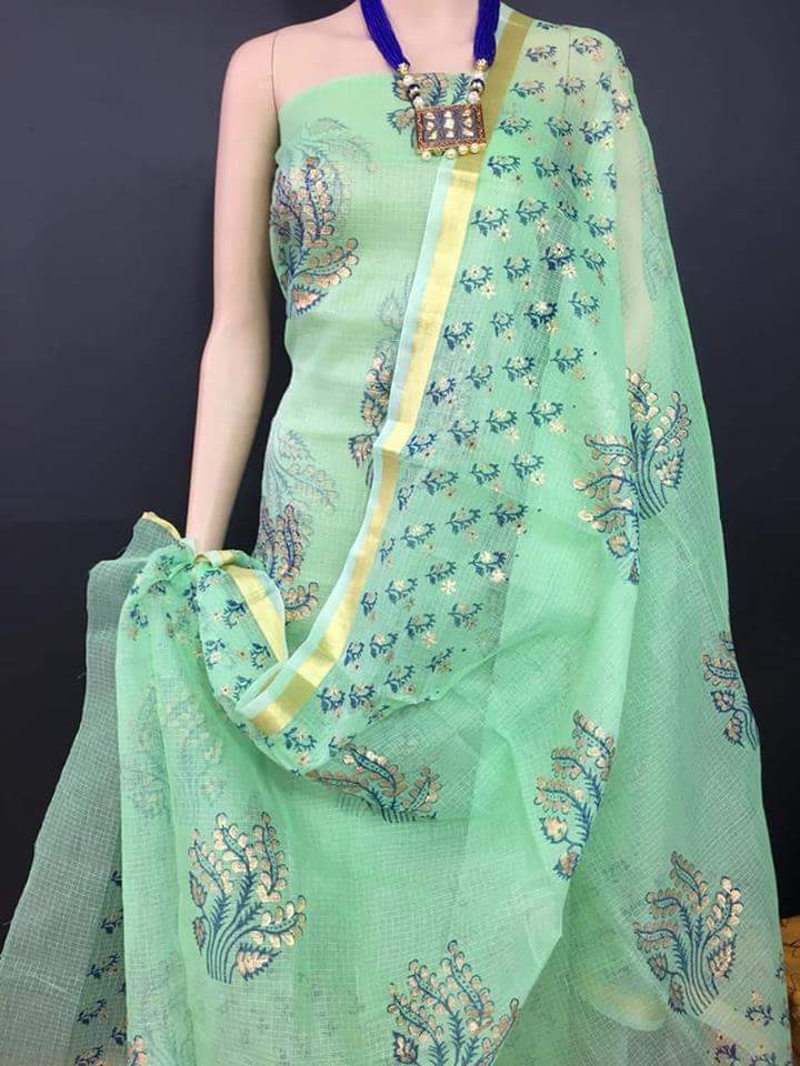 Aquamarine Angel Kota Cotton Golden Printed Dress Material-KCDM013 Light green coloured salwar set 