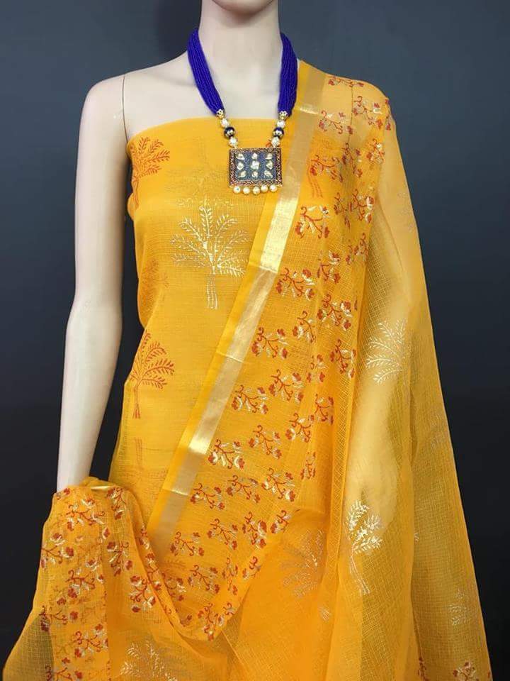 Sunlit Sky Kota Cotton Golden Printed Dress Material-KCDM017 Bright yellow coloured partywear