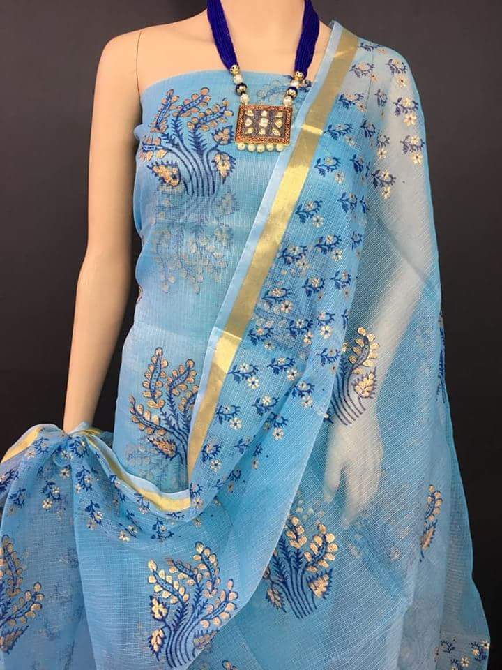 Sky Breeze Kota Cotton Golden Printed Dress Material-KCDM018 Light blue printed grand salwar