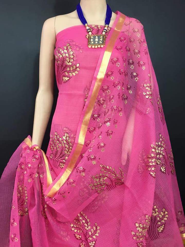Pink Punch Kota Cotton Golden Printed Dress Material-KCDM020 Pink coloured traditional salwar set 
