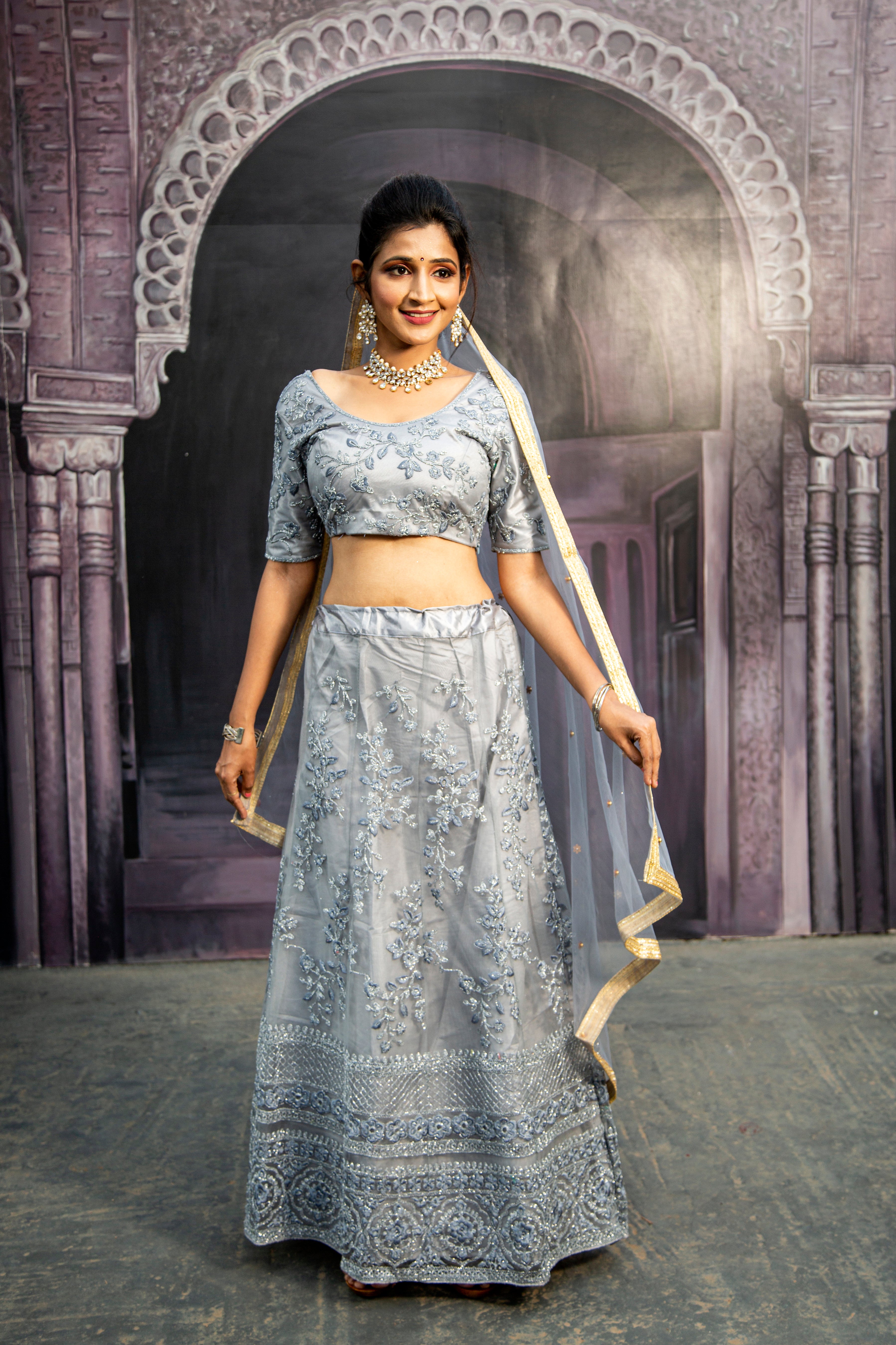 Beige & Blue designer wear Jaipuri printed silk ghagra choli J16024 |  Lehenga, Designer, Beige