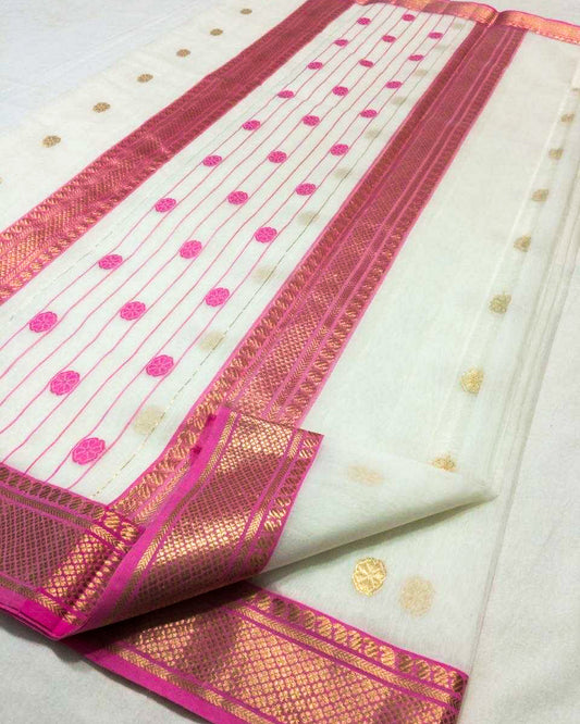Ivory Chanderi Silk Saree With Pink Border- CSH020