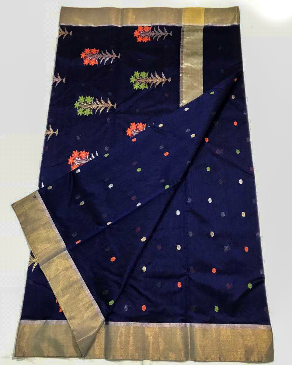 Cobalt Blue Chanderi Silk Saree With Gold Border- CSH004