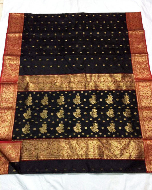 Jet-Black Chanderi Silk Saree With Ornate Design -CSH019