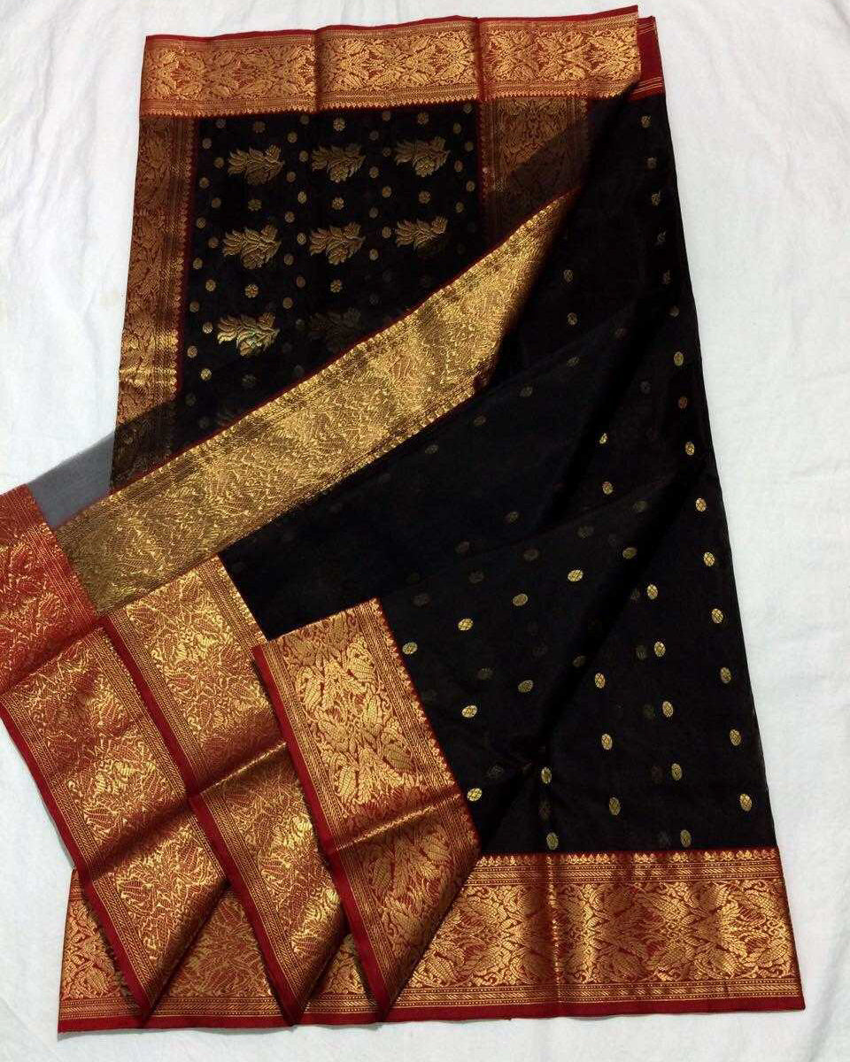 Jet-Black Chanderi Silk Saree With Ornate Design -CSH019