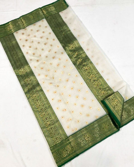 Pure Chanderi Silk Saree With Green Border- CSH010