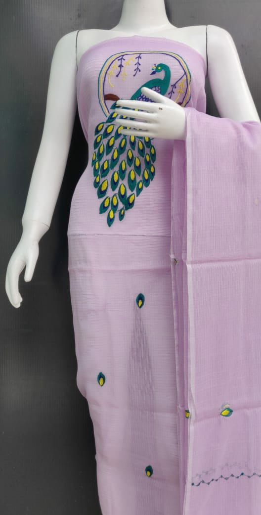 Lavender Peacock Embroidered Kota Dress Material
