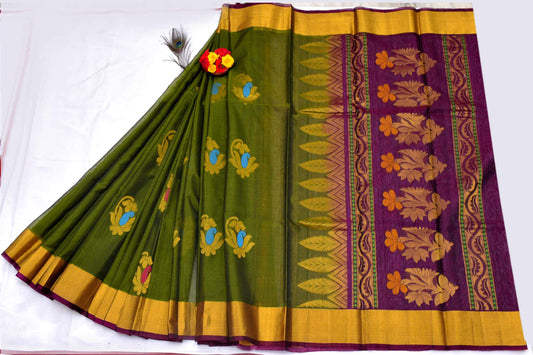 Leaf Green with Floral Designed Purple Pallu Handwoven Chettinad Silk Cotton Saree