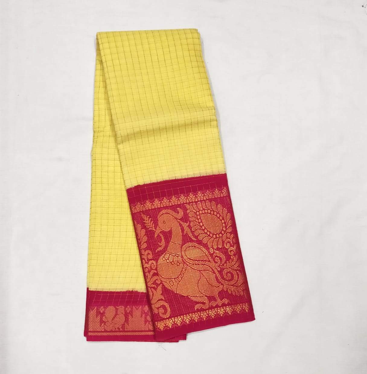 Lemon Yellow with Red Madurai Sungudi Saree with Large Border